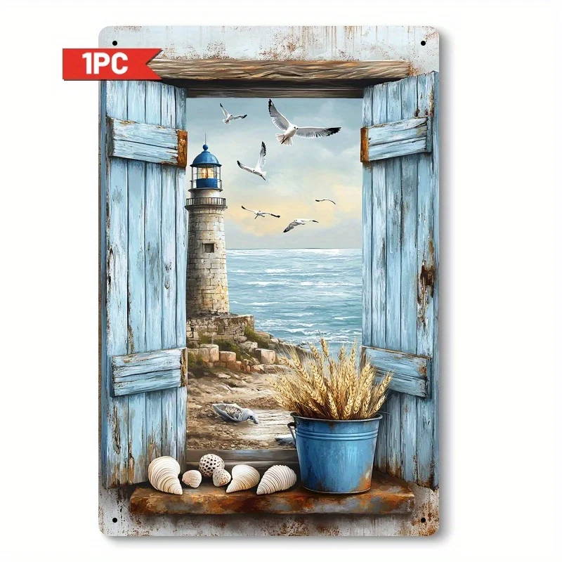 , Art mural en métal phare de bord de mer et mouette - Décor côtier en fer avec scène de plage tranquille, conception de fenêtre volantée bleue pour
