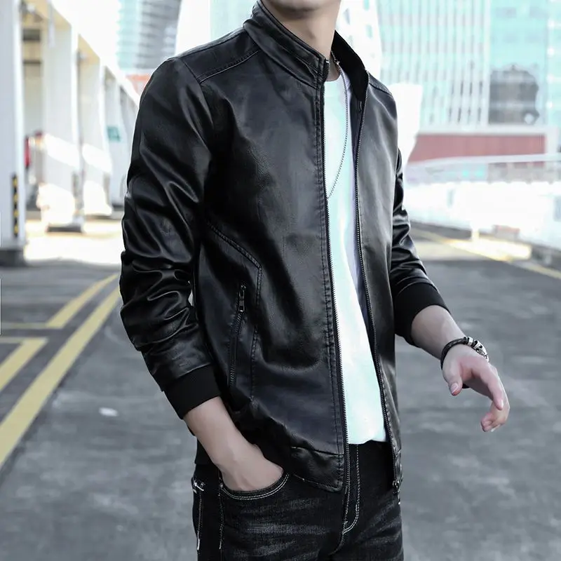 

Affordable Men's PU Leather Coat Winter Fleece Jacket with Crew Neck Loose Fit Casual Outerwear for Men