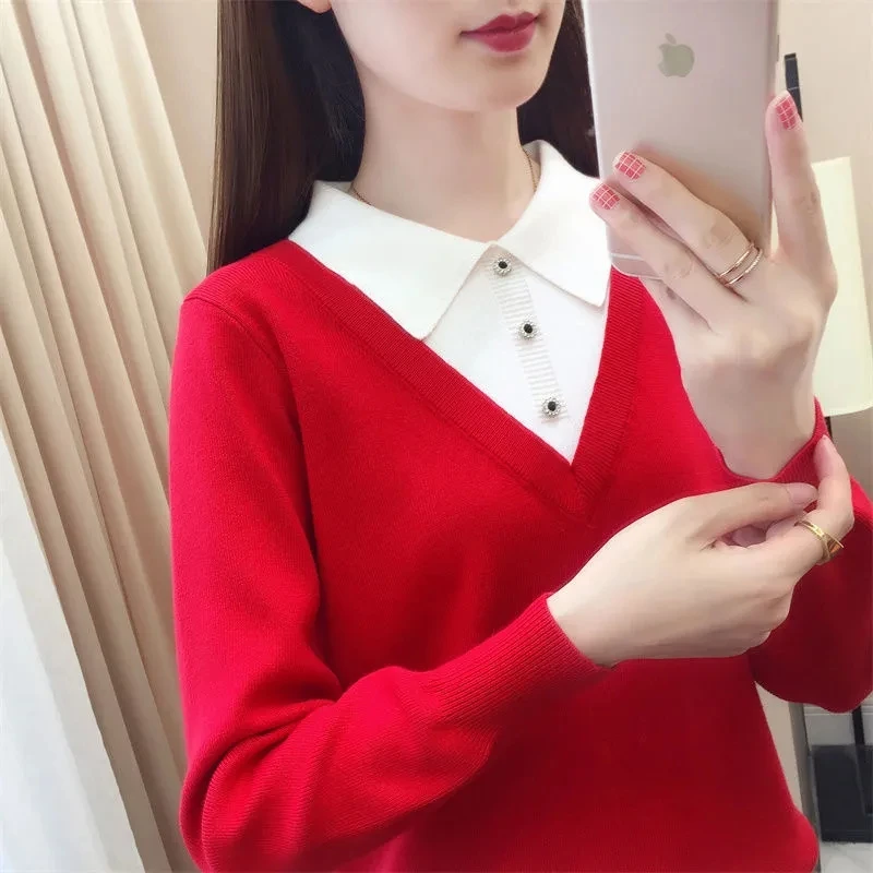 2023 Autumn Winter Women's Sweater Pullover New Shirt Collar Splice Fake Two Piece Knitted Sweater Bottoming Shirt Female Tops