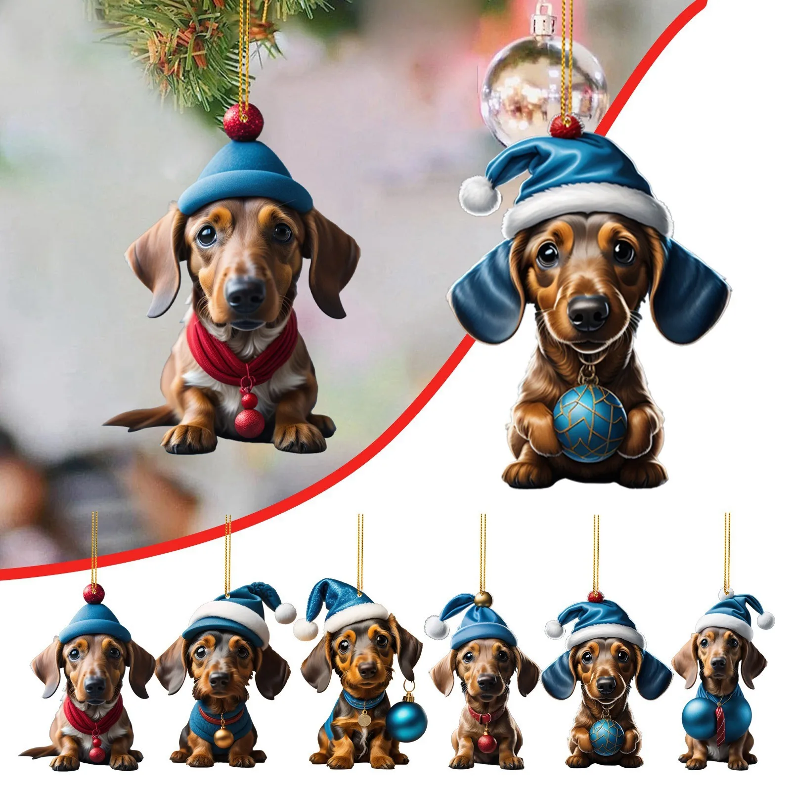 2024 New 2D Acrylic Cartoon Cute Interesting Christmas Hat Doggy Christmas Tree Pendant Christmas Decorations Gift