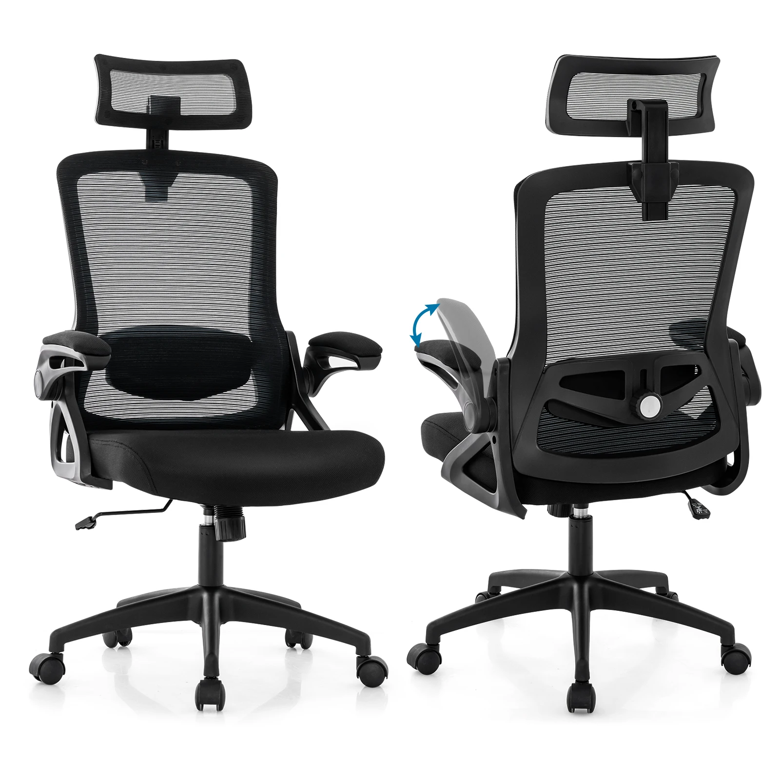 Ergonomic office chair with adjustable lumbar support & headrest, desk chair with folding up armrests & High