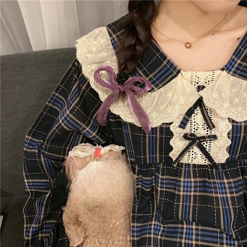 New Women's Sleepwear: Spring/Fall Court-Style Peter Pan Collar Girls' Checkered Casual and Cute Loose-Fitting Loungewear Set