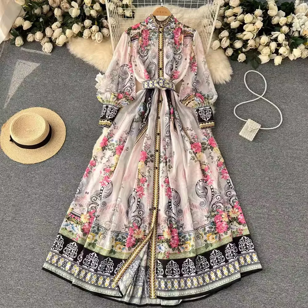 Spring Clothing French Retro Stand Up Collar Bubble Sleeve Printed Dress Women's Ethnic Style Big Swing Long Streetwear Dress