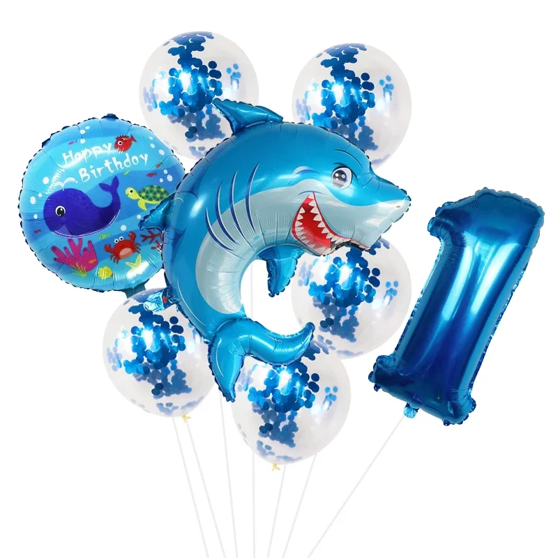 8 Stück Cartoon Hai Ballon 32 Zoll tiefblau Nummer 1-9 Geburtstag Ballon Set Ozean Thema Party Dekoration Festival Supplies