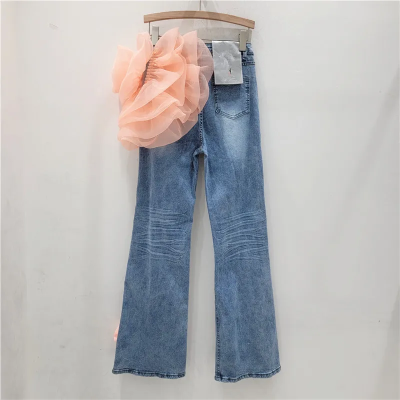 Woman Three-Dimensional Flowers Straight Jeans 2024 Spring New High-Grade Woman's Fashion High Waist Blue Denim Wide-Leg Pants