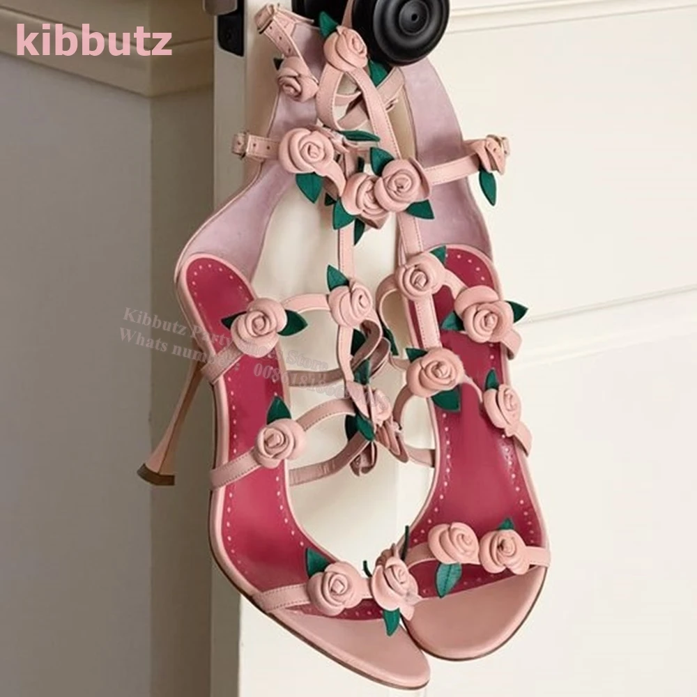 

Flower Leaves Sandals Round Toe Thin Heels Mixed Color Leather Fashion Elegant Luxury Sexy Party Dress Sweet Women Shoes Newest