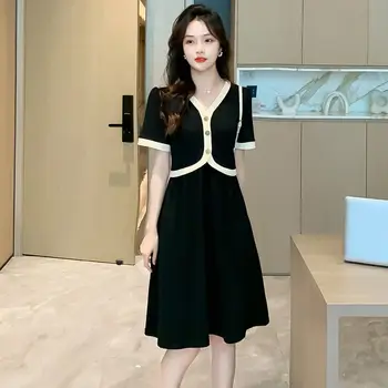 여성 캐주얼 분위기 있는 페이크 투피스 원피스, 반팔 웨이스트 슬림핏 블랙 원피스, 라지 사이즈, 2024 여름 신상 