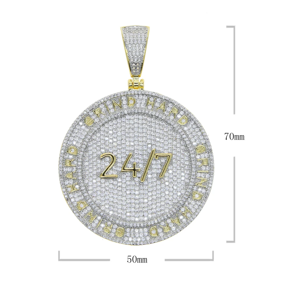 Iced Out Bling Cubic Zircon Cz Hip Hip Me Boy Jewelry Gold Plated Luxury Letter 24/7 Hours Round Tag Shape Pendant Necklace Gift