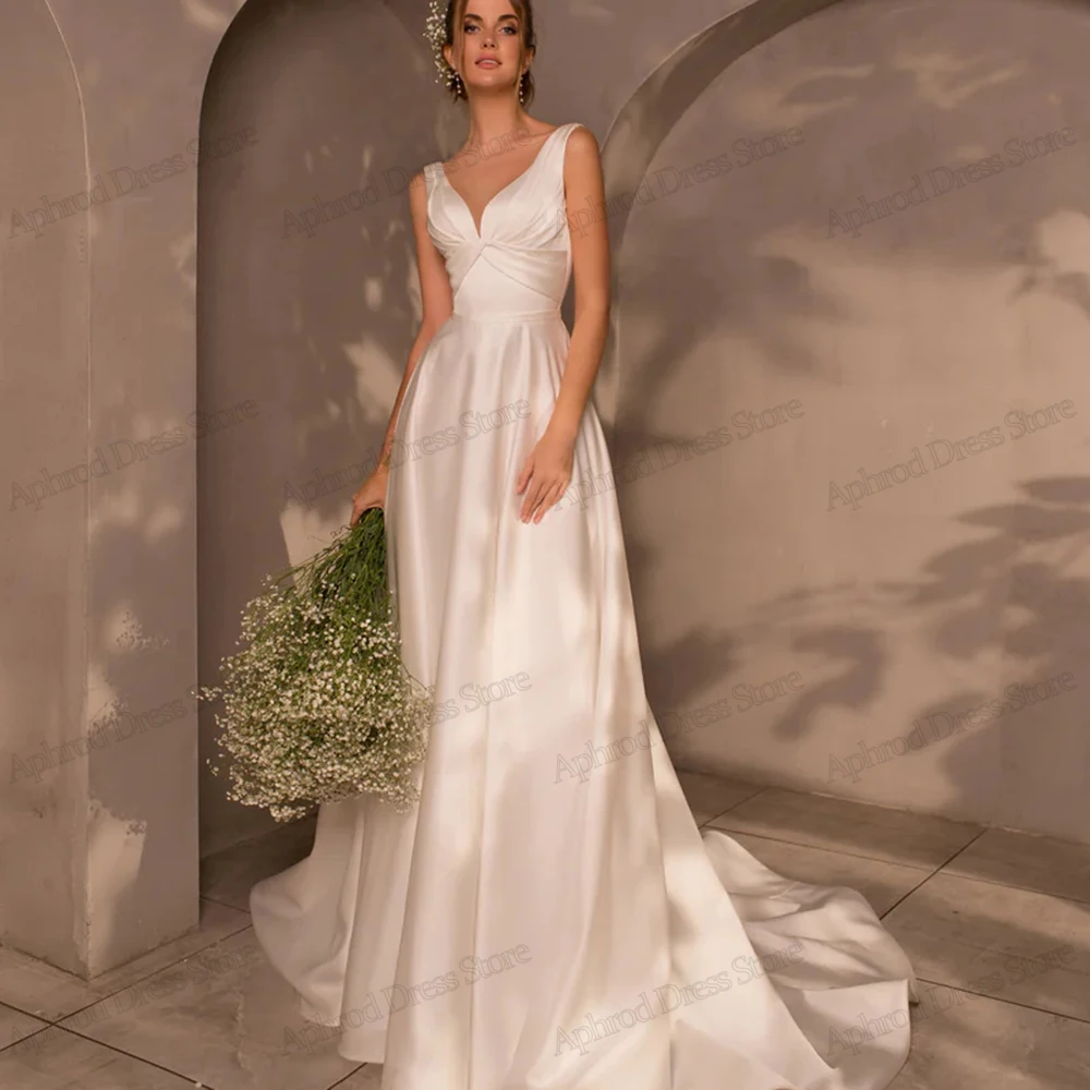 

Simple Wedding Dresses Elegant Bridal Gowns A Line Satin Robes Deep V Neck Sleeveless Graceful Vestidos De Novia Customized 2025