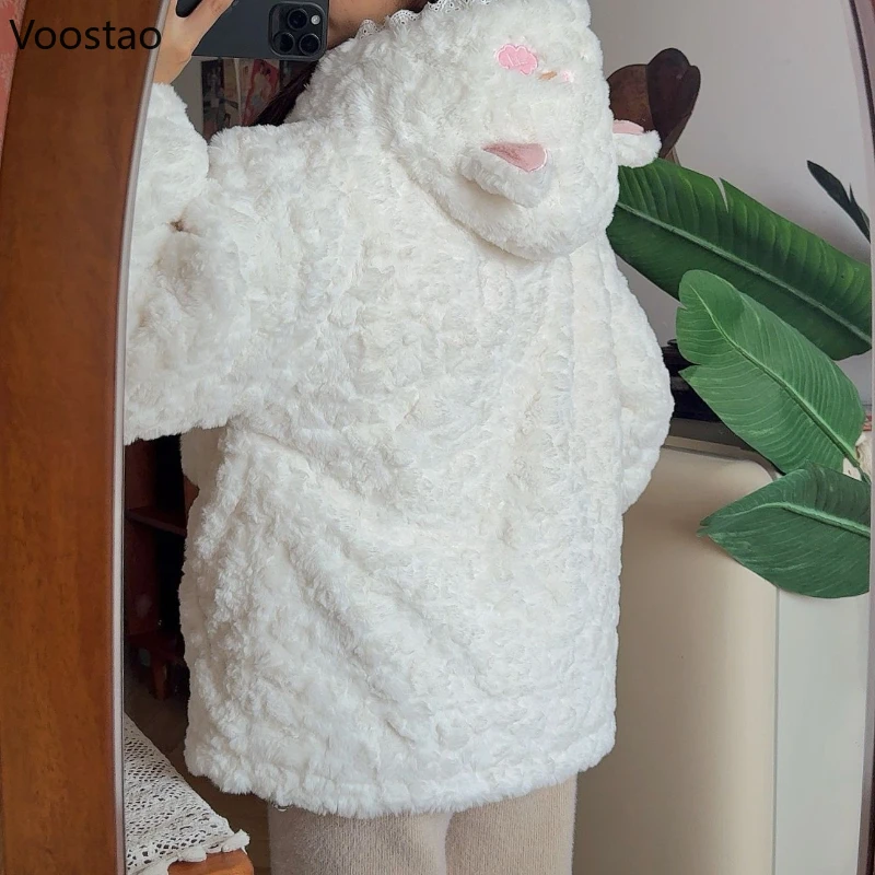 Autumn Winter Kawaii Lolita Style Plush Coat Women Sweet Embroidery Cat Ears Hooded Jacket Girls Harajuku Cute Faux Fur Overcoat