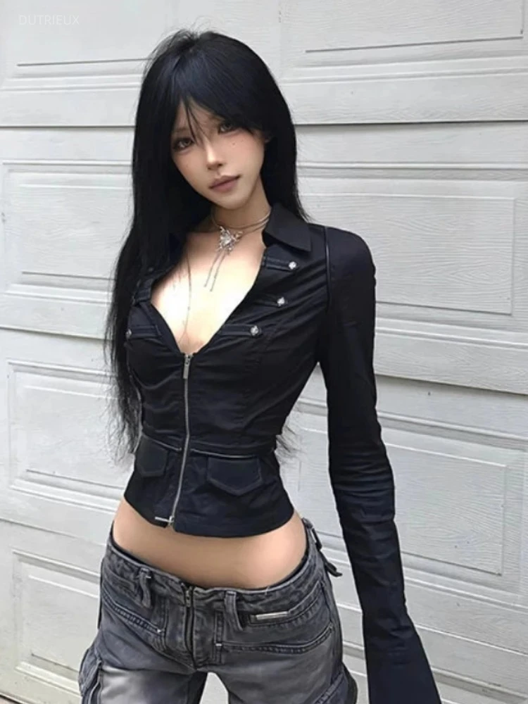 Blusa Sexy de estética Y2k para mujer, camisa Grunge ajustada con cremalleras dobles lisas, ropa de calle con cuello vuelto Harajuku, Tops recortados