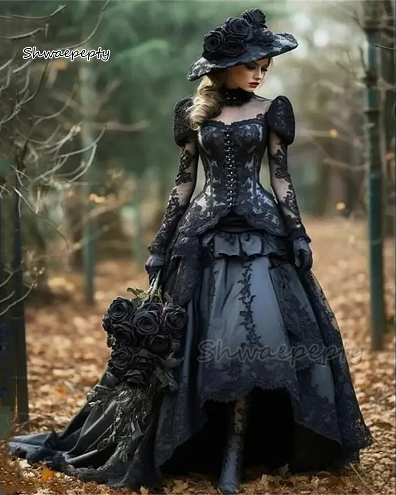 Medieval Black Wedding Dresses Long Sleeves Gothic Wedding Gown Illusion Neck Lace High Low A-Line Vintage Women Dress 2024