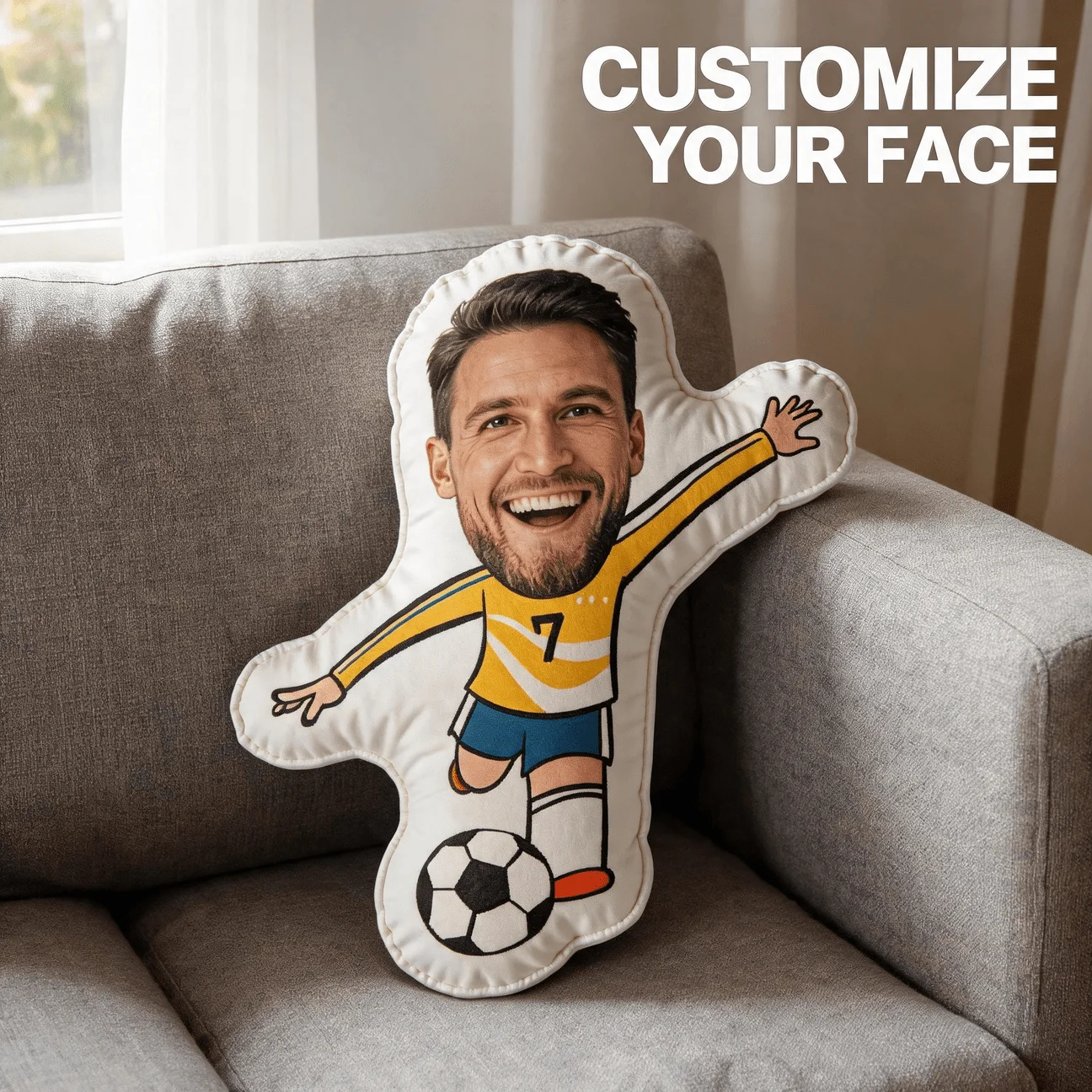 Custom Photo Shaped Pillow, Personalized Face on Cartoon Soccer Player Body, Yellow Jersey Decorative Cushion, Unique Home Decor