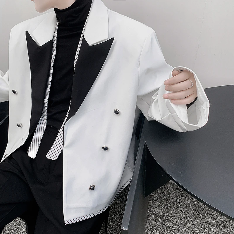 Net Celebrity Splice Design Casual Blazers Man Korean Streetwear Fashion Vintage Double Breasted Suit Jacket Men\'s Blazer Coat