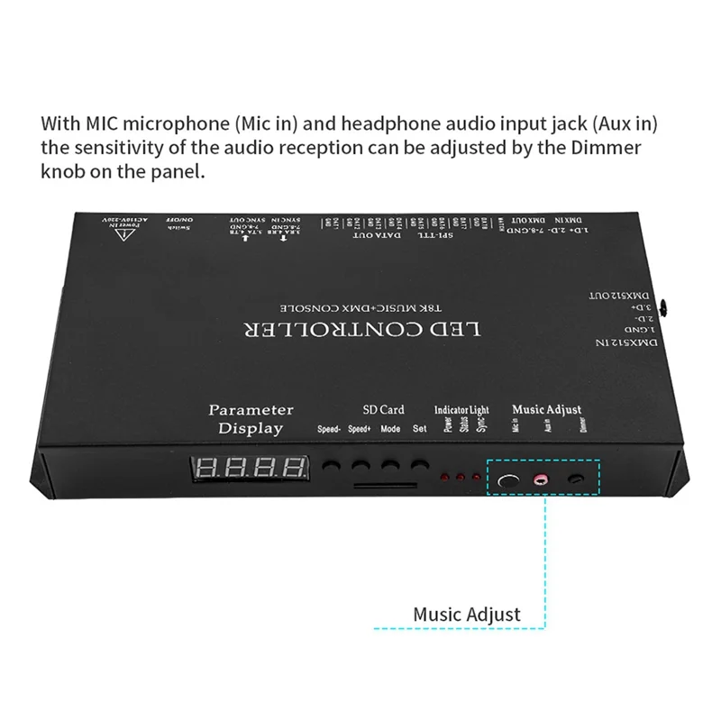 ELEC-T8K الموسيقى + DMX وحدة التحكم 8 قنوات ميناء مع هيئة التصنيع العسكري في/Aux في SPI-TTL Led قطاع ضوء تحكم ل WS2811 WS2812B