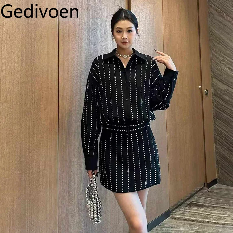 Gedivoen تنورة سوداء صغيرة قميص تنورة ضغط ساخن الماس شرابة تخفيف البوليستر طويلة الأكمام طية صدر السترة فستان عصري