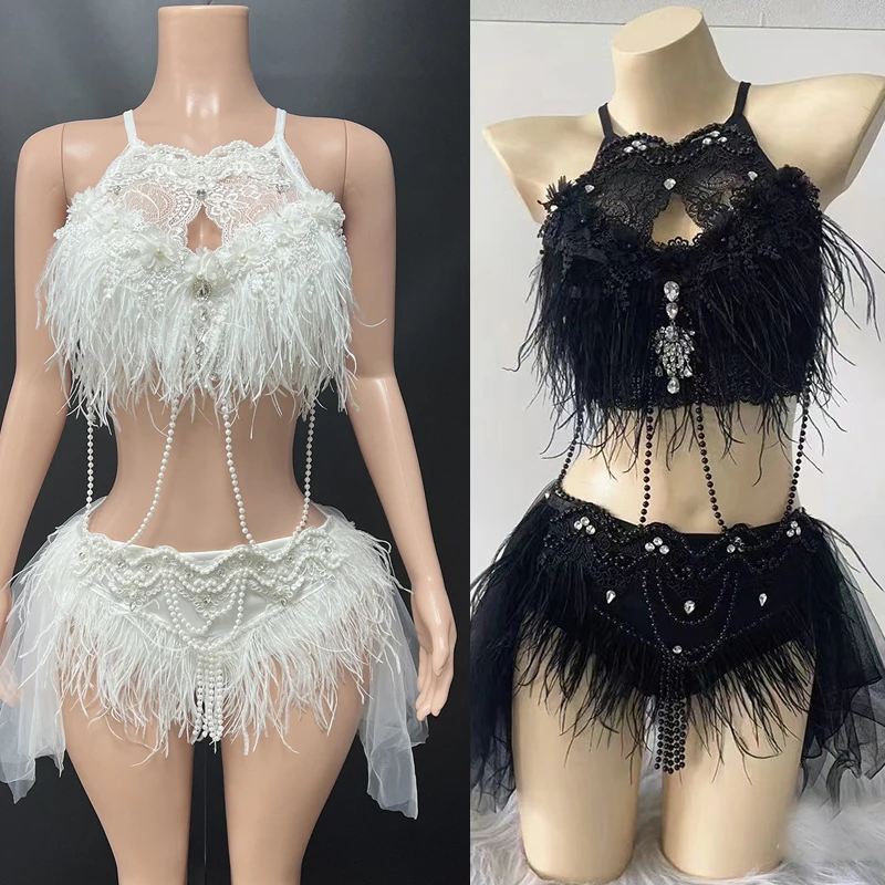 

Show girl Costume Party outfit Sexy Feather Pearls Festival Dresses Women Group Jazz Dance Outfit Stage Gogo Costumes Nightclub