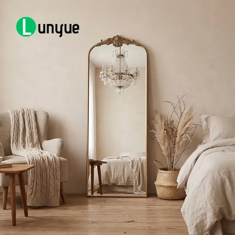Vintage Full Length Body Mirror 23.5x56 Inch Brass Gold Long Curved Wall Mounted Floor Standing Dressing Mirror for Bedroom