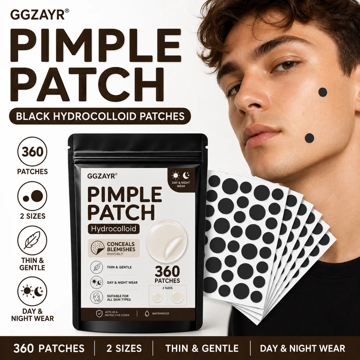 360Pcs Black Round Hydrocolloid Patches, Invisible Blemish Covers for Men, Ultra-Thin Face Stickers, Ready to Use, Gifts for Tee