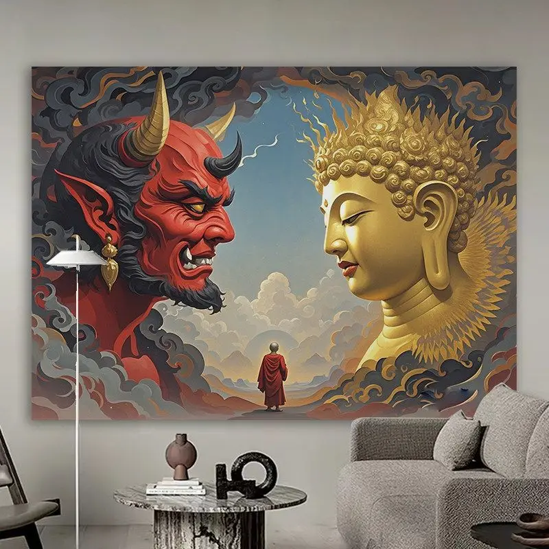 VIKAMA Buddha And Demon Tapestry Monk Figure Cloud Mountain Background Mystical Zen Wall Hanging Home Decor