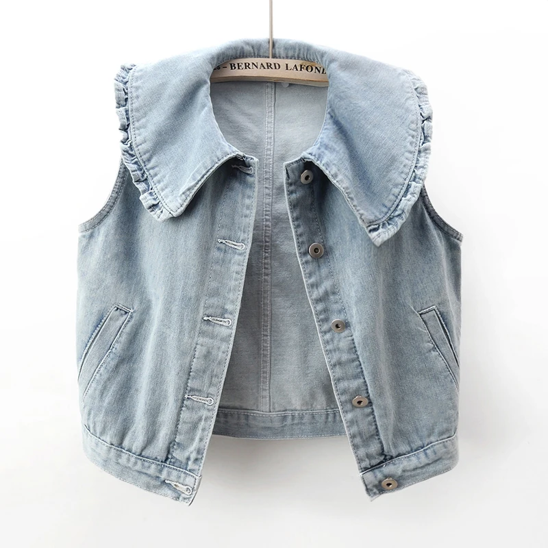 

Vintage Light Blue Peter Pan Collar Denim Vest Women Waistcoat Cowboy Sleeveless Jacket Coat Summer Slim Short Jeans Vest Female