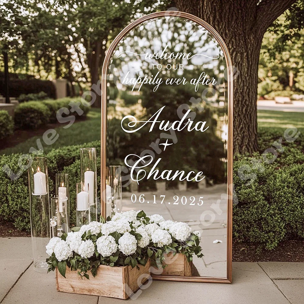 Spiegelaufkleber Personalisierter Aufkleber Willkommen zu Unserer Hochzeit Schild-Dekor mit Namen/Datum Verlobungsfeier-Dekorationen Vinyl-Aufkleber