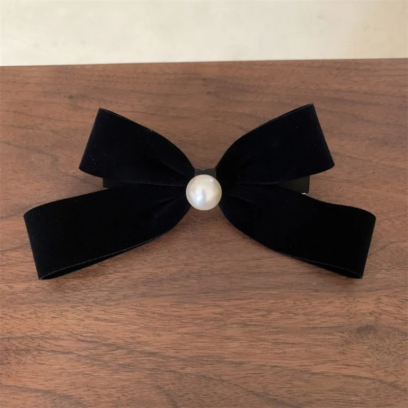 French Retro Black Velvet Pearl Bow Elegant Spring Clip New Back Head Hair Clip Hairpin Women