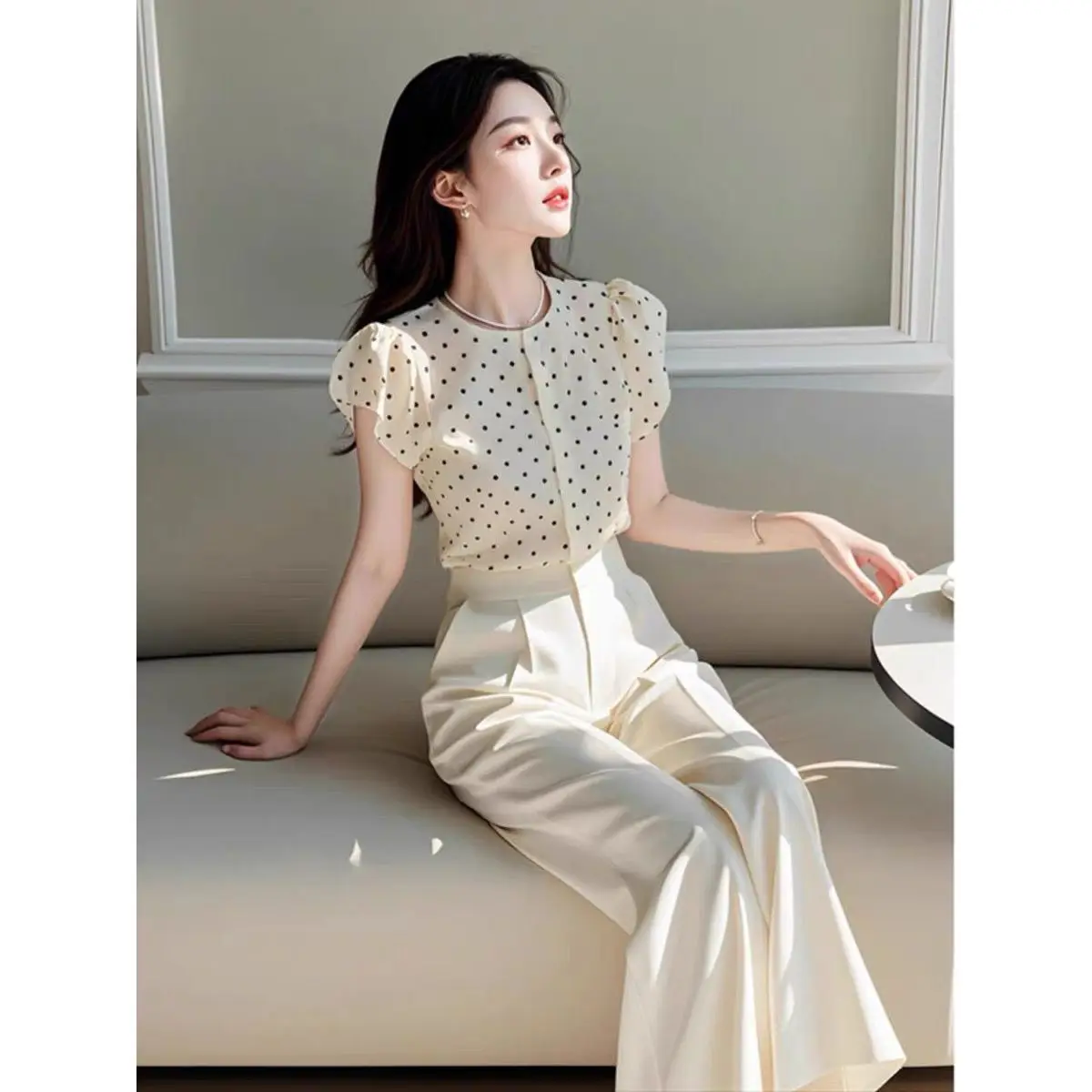 New Summer Elegant Women's Two Piece Set O-neck Puff Short Sleeve Dot Shirt Top + Wide Leg Pants Fashion Office Lady Suit