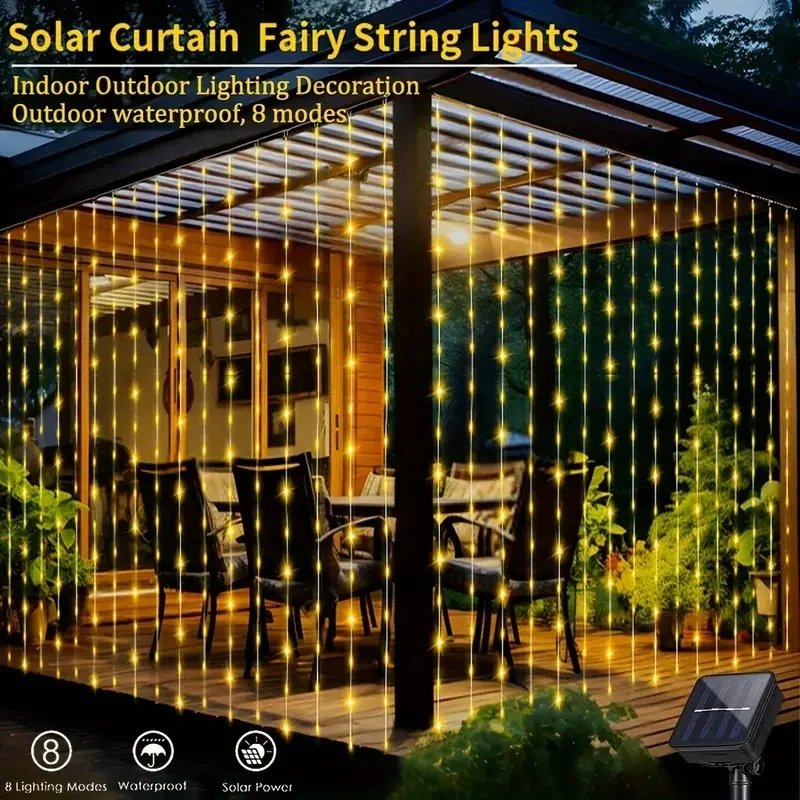 Solar LED Curtain String Lights Outdoor Waterproof 8 Lighting ModesCopper Light for Wedding Party Garden Yard Christmas Decor