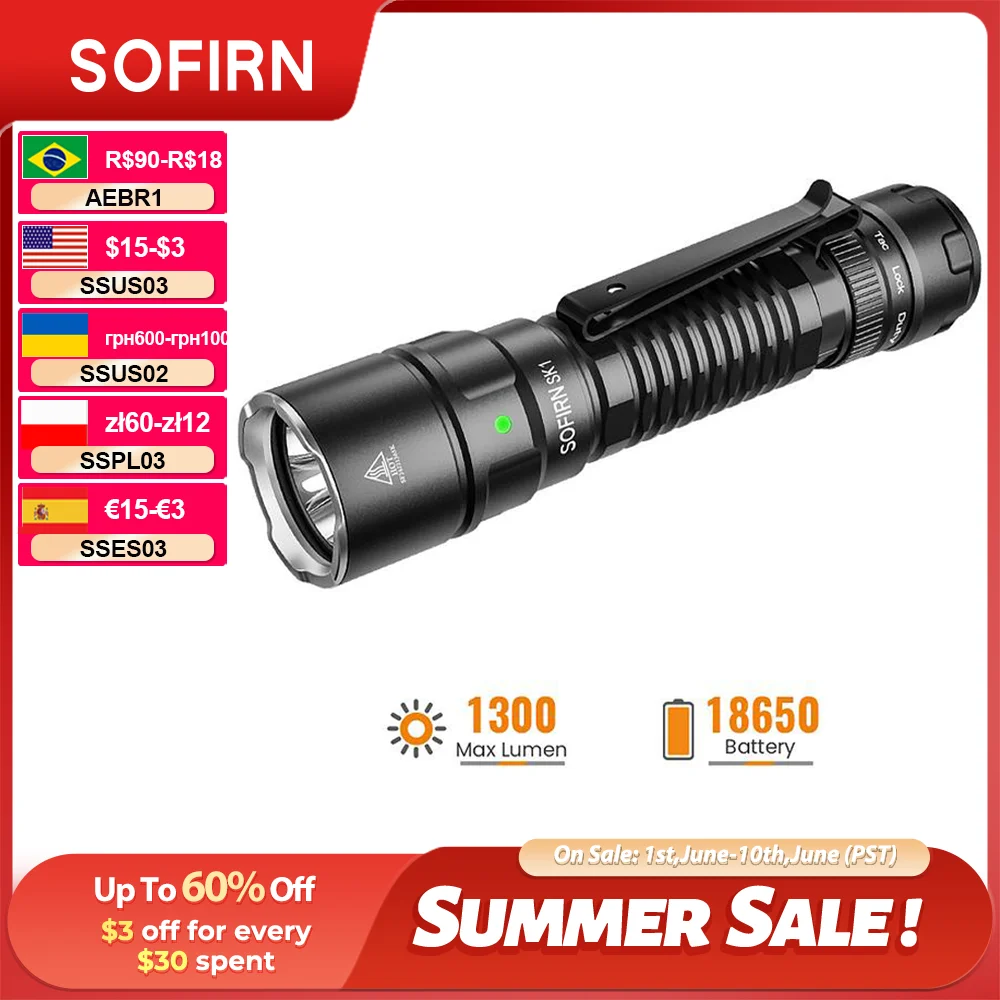 

SOFIRN SK1 Tactical Flashlight 479m 1300LM EDC Rechargeable SFT25R LED Spotlight Torch with Tail Switch and Rotary Switch