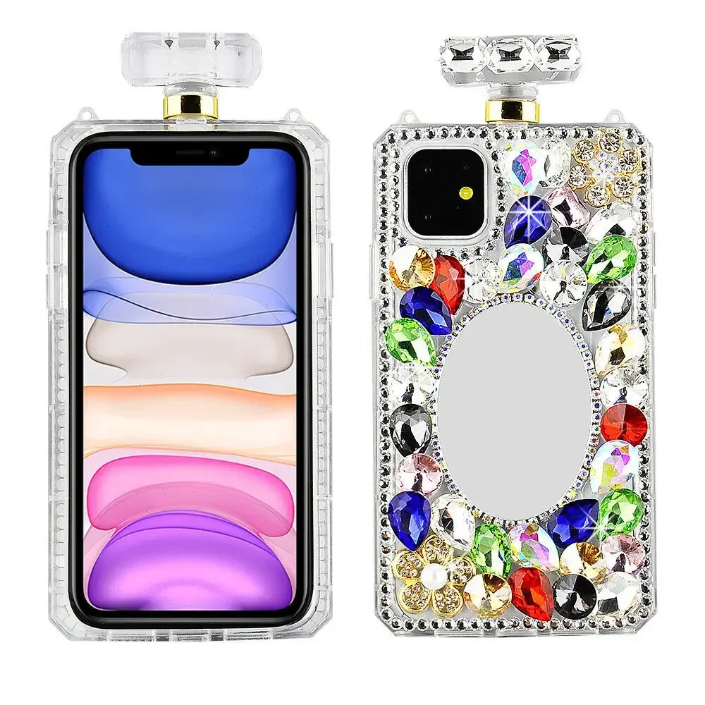 Rhinestone Perfume Bottle Case for iPhone16Plus 15Pro, 14Plus, 13 Pro, 12 Mini, 11Pro MAX, XR, Ring Bracket Cover, Luxury Bling