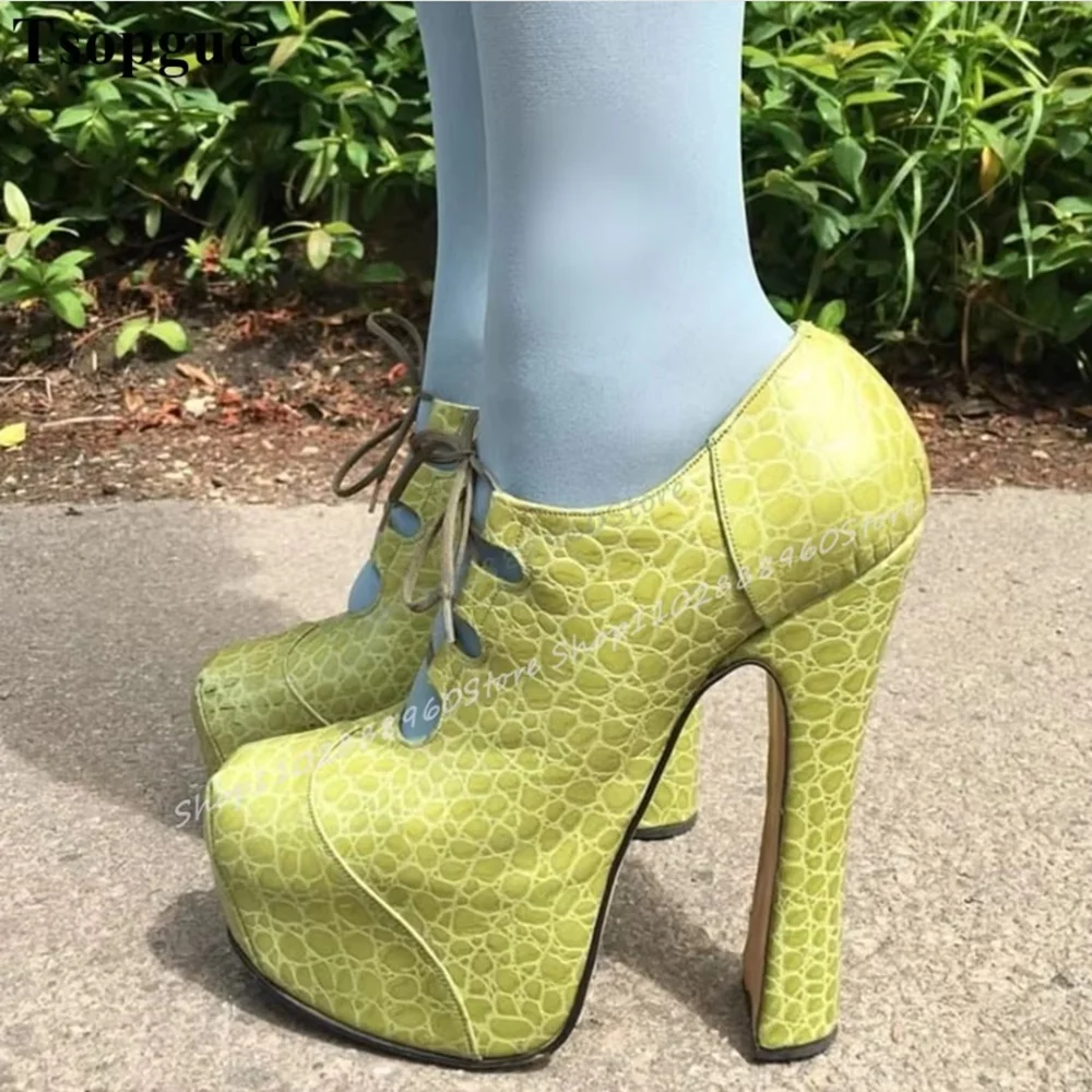 

Green Platform Animal Skin Pumps High Heel Shoes For Women Lace Up Pointed Toe Casual Occidental Style Fashionable Women Pumps