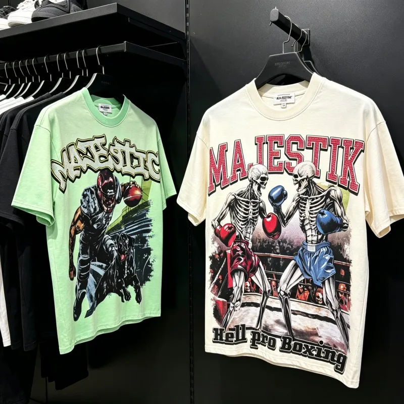 Vintage Distressed Street Green MAJESTIK Tshirt Rhinestone Letter Short Sleeve Sports Skeleton Boxing Rugby Print Men Women Tops