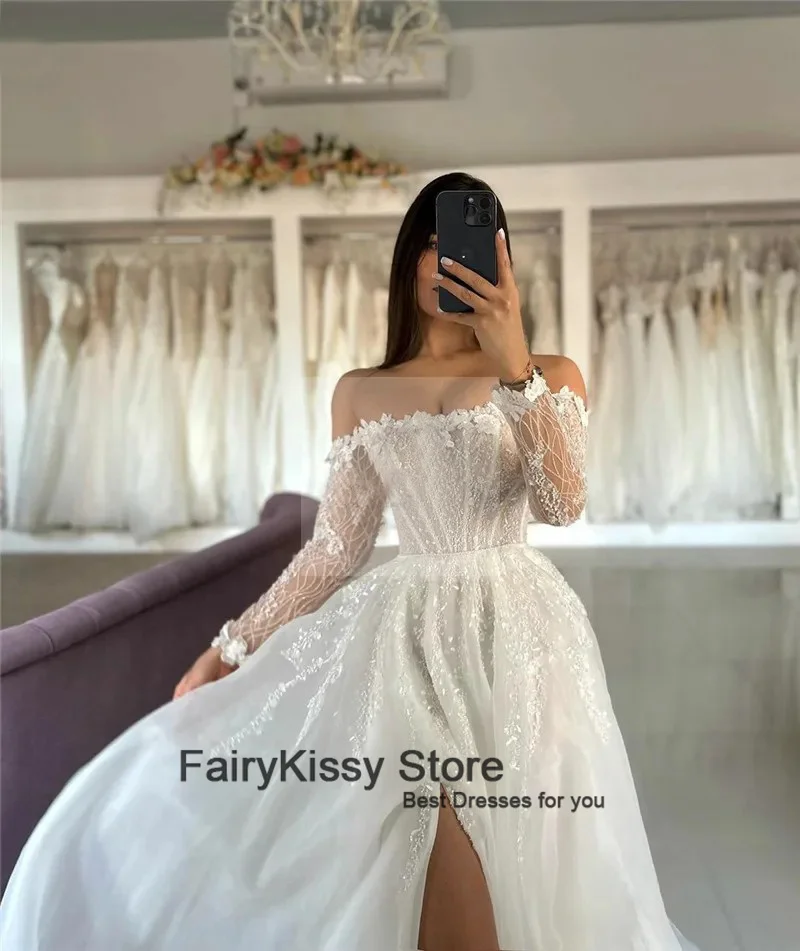 FairyKissy Organza Off The Shoulder Wedding Dress A Line Long Sleeve Lace Side Split Bride Dresses Elegant Wedding Bridal Gowns