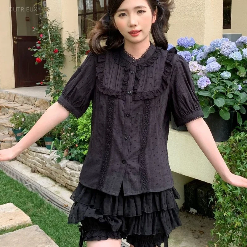 Japanese Stand Neck Sweet Lolita Blouses Lace Patchwork Summer Women Harajuku Shirts Puff Sleeve Girly JK Single Breasted Tops