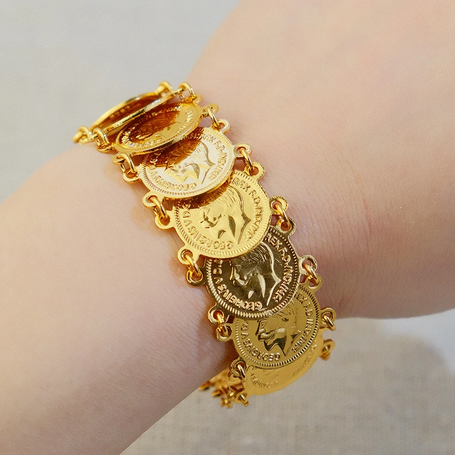 Classic Turkish Gold Coins Bracelet 21k Gold Plated Kurdish Bridal Fashion Cuff Bangles Dubai Women Wedding Party Jewelry