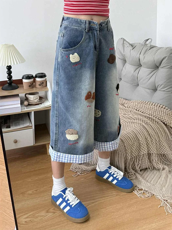 American Style Retro Dog Embroidery Jeans Women's Summer Thin Loose Cuffed Wide Leg Shorts High Waist Casual Cotton Blend