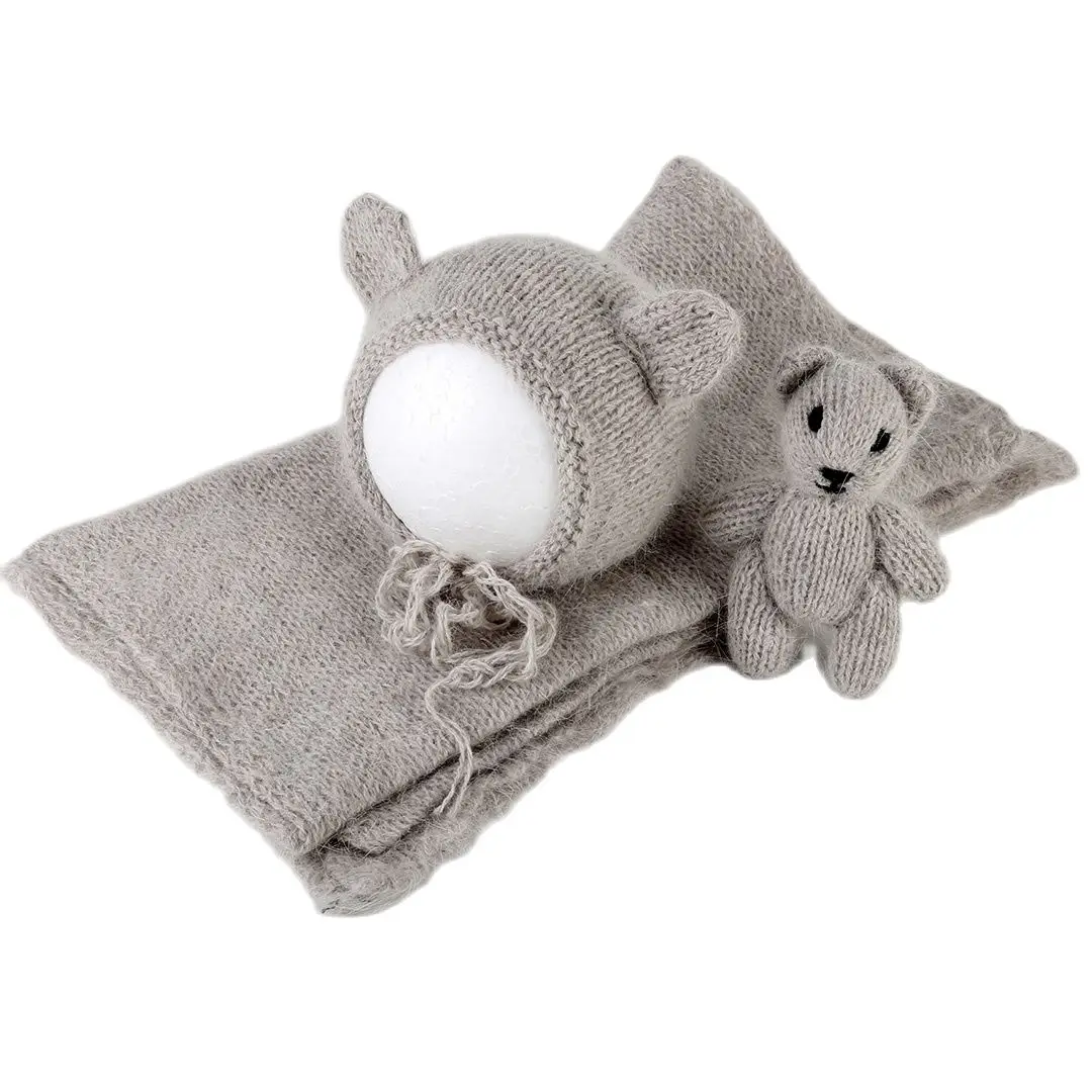 Angora – ensemble de tricot extensible pour nouveau-né, gris clair, avec Bonnet, ours en peluche, jouet, accessoires de photographie, pull Vintage pour bébé, chapeau