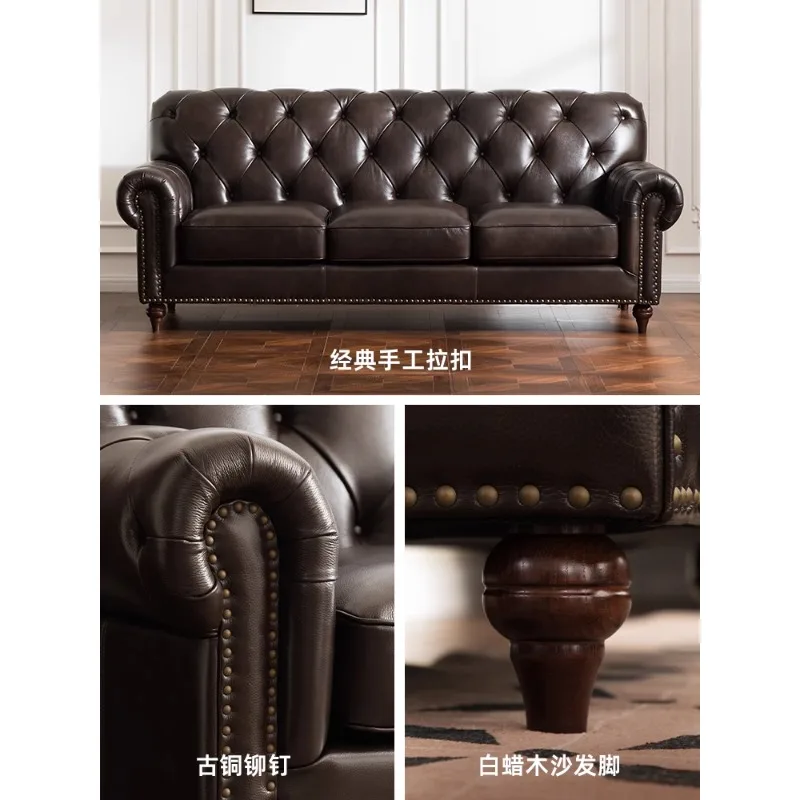 أريكة أمريكية من الجلد لغرفة المعيشة بثلاثة أثاث فردي بإبزيم كلاسيكي