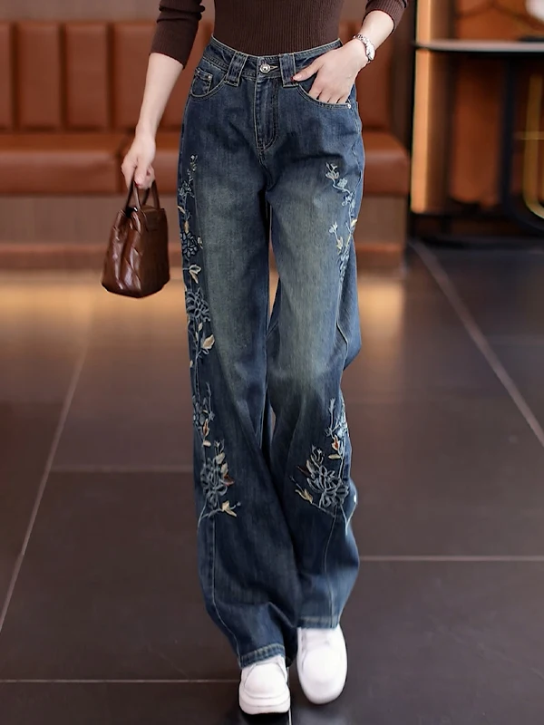 

Тонкие широкие джинсы с вышивкой Ele, джинсовые брюки с высокой талией, женские весенне-осенние новые дизайнерские утягивающие прямые брюки