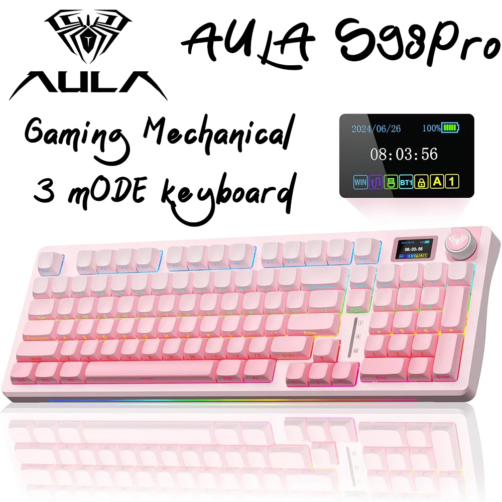 AULA S98 Pro لوحات المفاتيح الميكانيكية اللاسلكية ثلاثة أوضاع 2.4 جيجا هرتز/USB-C/BT5.0 لوحات مفاتيح الألعاب بإضاءة خلفية RGB قابلة للتبديل السريع مع شاشة