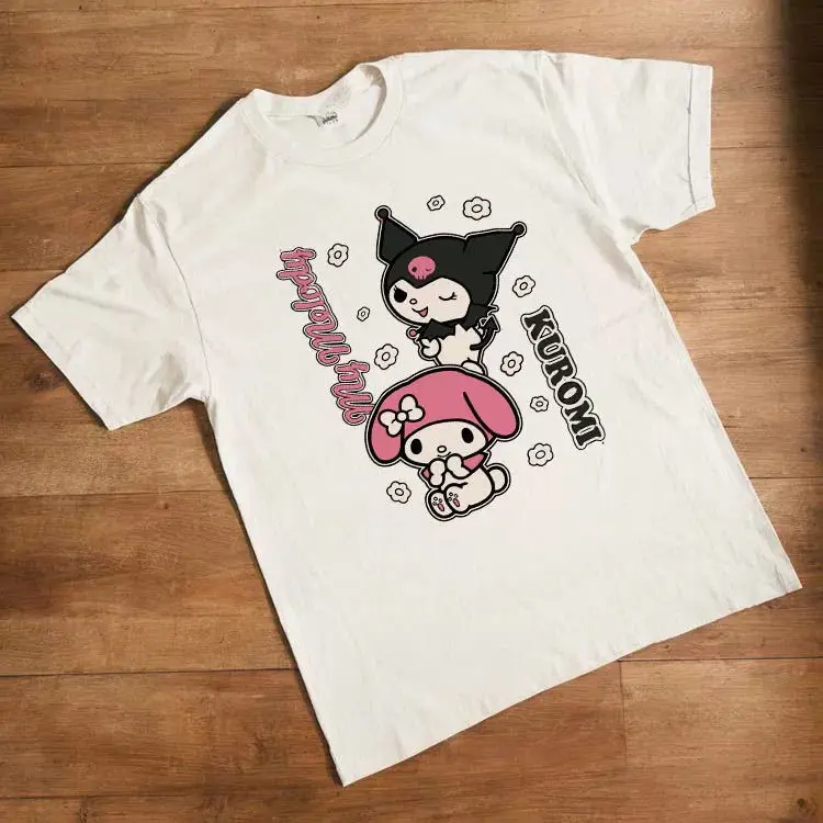 Anime Hello Kittys z krótkim rękawem Cartoon Kuromi moja melodia dziewczyny t-Shirt letnie czyste bawełniane pół rękawy koszulka dla nastolatków dolna koszula