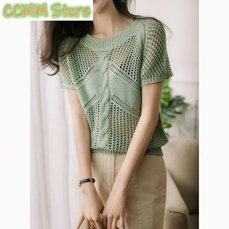 スタイリッシュな O ネックニットルーズ中空アウトブラウス女性服夏の新カジュアルプルオーバートップス半袖韓国シャツ