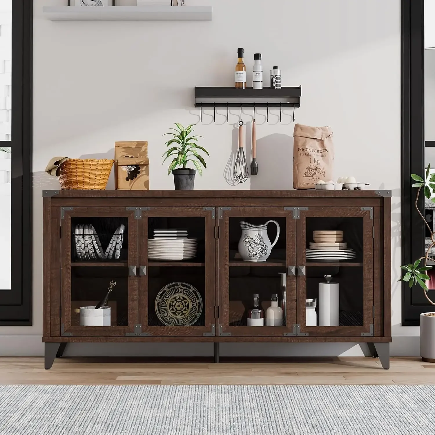 

Farmhouse Sideboard Buffet Cabinet with Glass Doors, 63" Industrial Wood Sideboard with Adjustable Shelves, Console Table