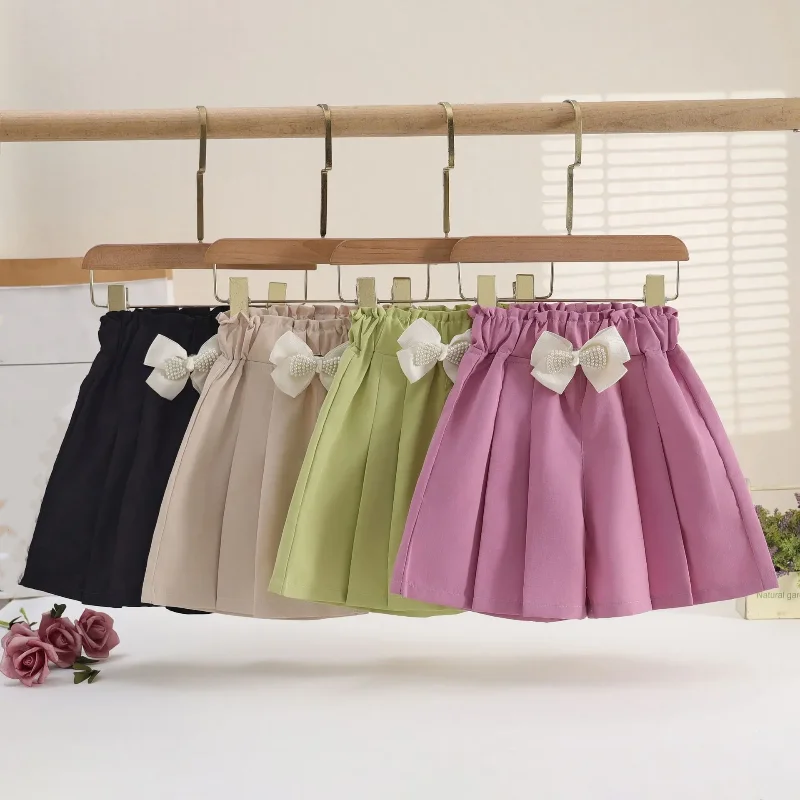 

2-14Y Children Kid Baby Girls' New All-Match Pleated Shorts Cute Bow Button A-Line Shorts Skirts Summer Clothing