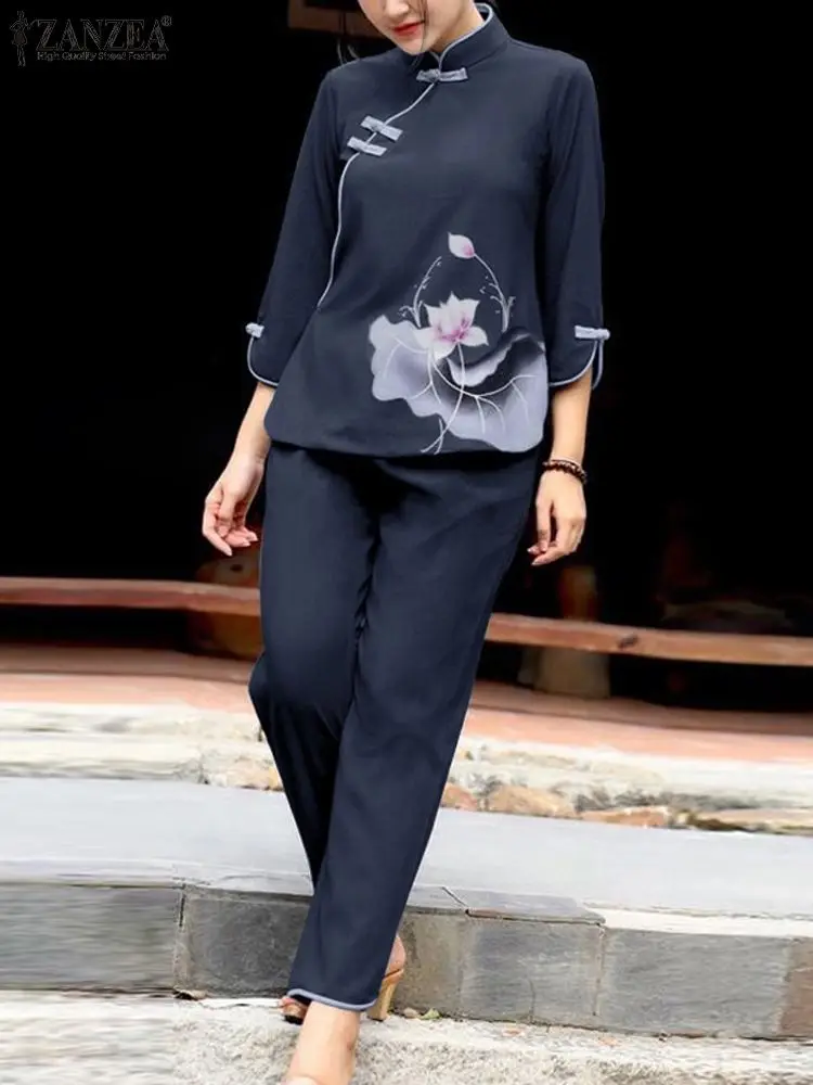 

ZANZEA Chinese Style 2PCS Pant Sets Women Stand Collar Tops Tracksuit Long Pencil Pant Sets Vintage Flower Printed Knot Outfits