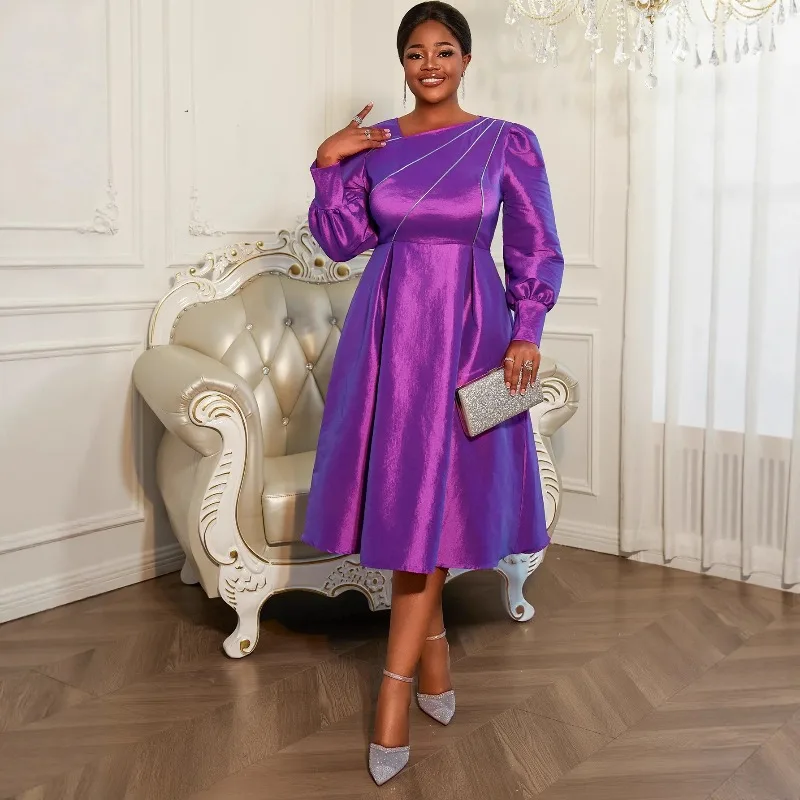 

L-4XL Plus Size African Dresses for Women Autumn Elegant Long Sleeve Purple Polyester Party Evening Midi Dress Ankara Dress