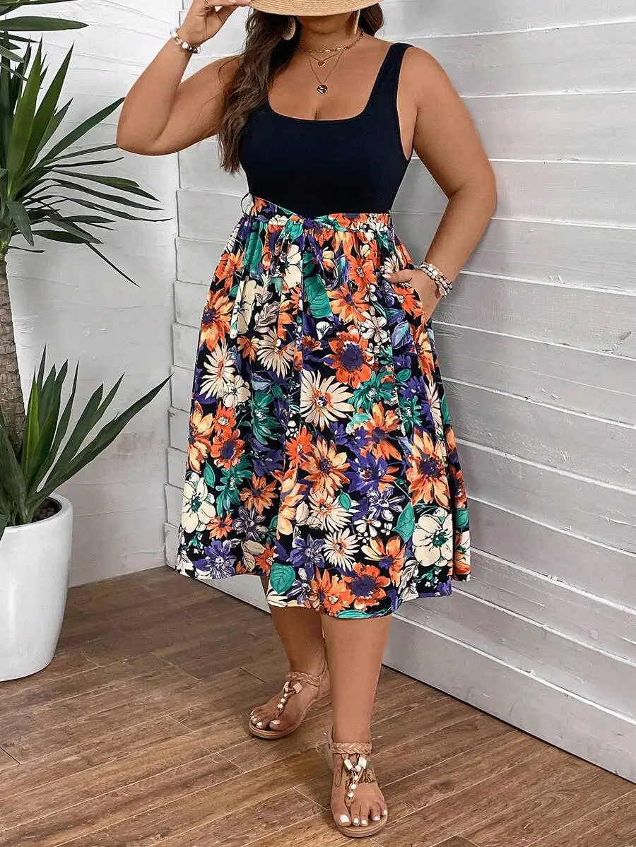 

Plus Size Boho Floral Print Sleeveless Midi Dress For Summer Beach Vacation Casual Outfit
