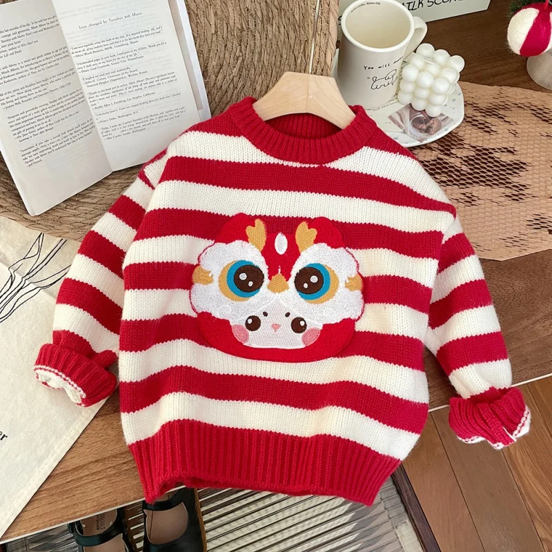 

Girls' Autumn and Winter Lucky Dragon Baby Embroidered Labeling Sweater Children's Cute Cute Rib Closing Edge Lazy Style Top Tid