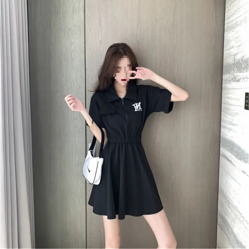 Women's New Summer Korean Style Elegant Slim Fit Embroidered A-Line Mini Polo Collar Little Black Dress